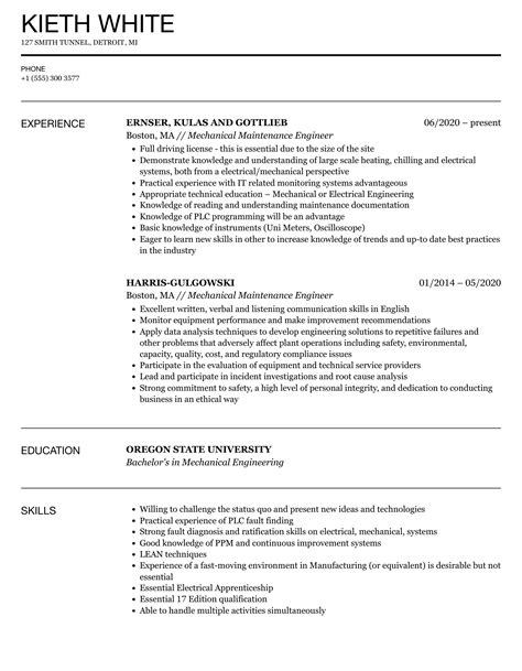 mechanical maintenance engineer resume template